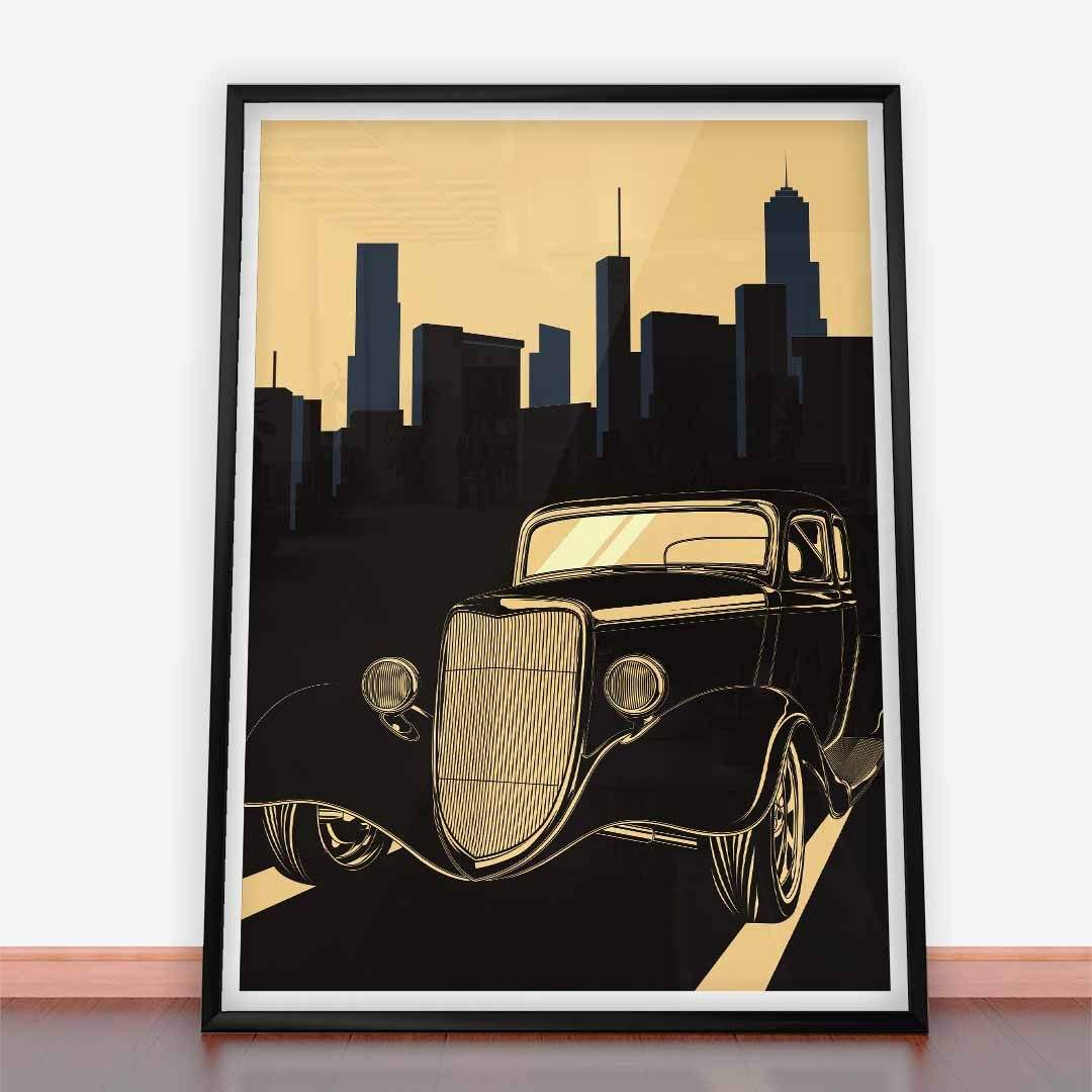 Plakat Drapacze Chmur i Retro Samochód w stylu Art deco