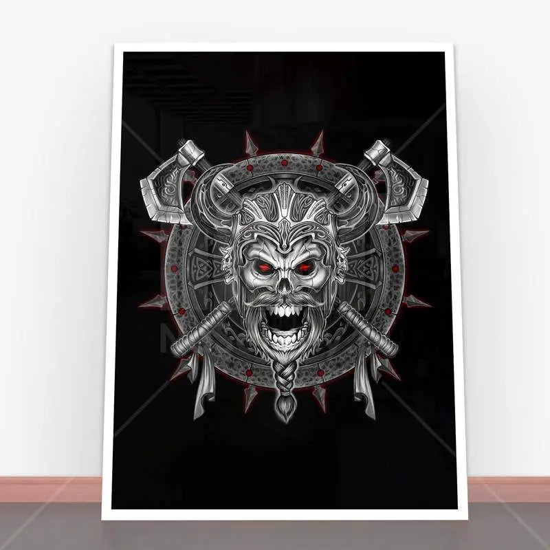 Plakat Angry Viking Skull, czarno-biała sztuka czaszki w ramie plakatowej