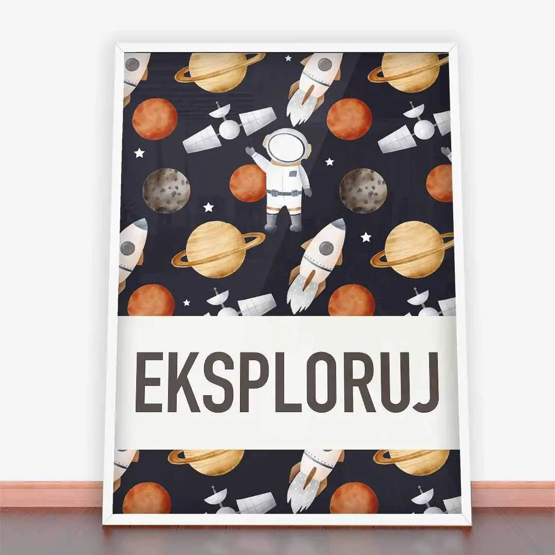 Plakat astronauta odkrywa kosmos.