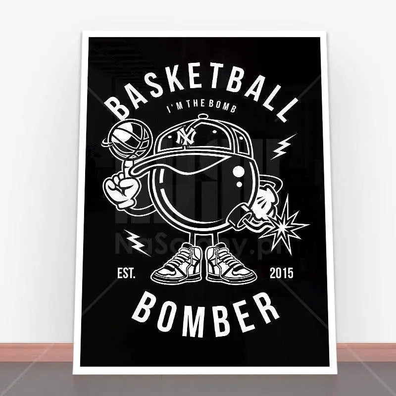 Plakat Basketball Bombers w ramie plakatowej, czarno-biała grafika sportowa