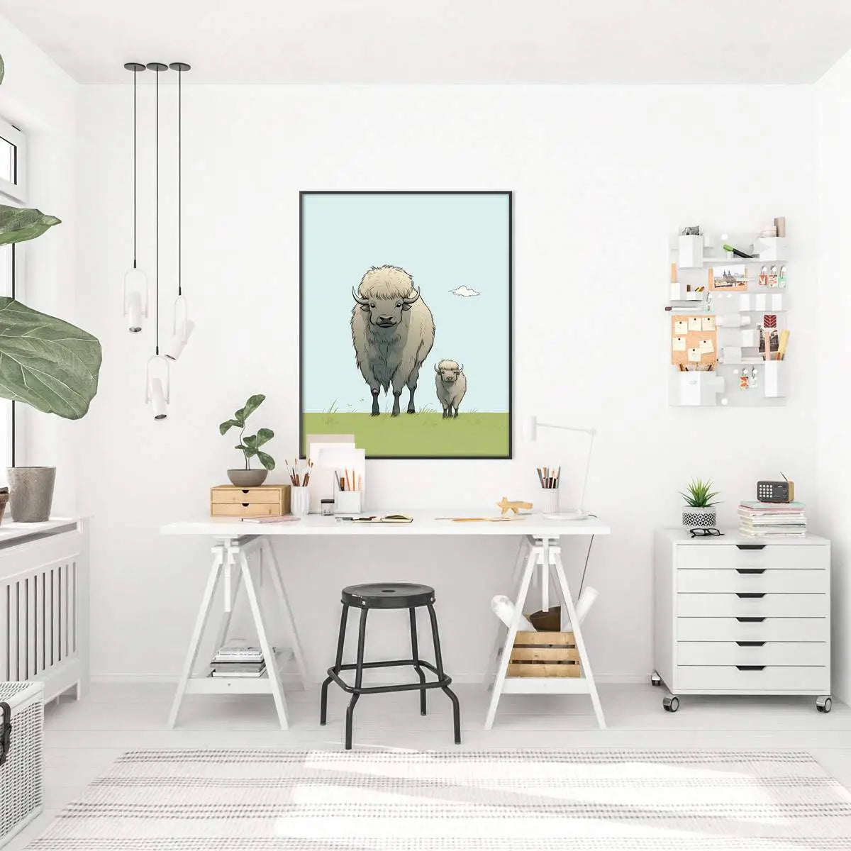 Framed bison illustration on Plakat Bizony na Łące, perfect for nature lovers