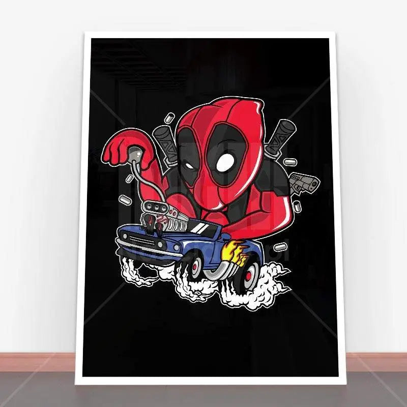 Deadpool cartoon driving a hot rod on Plakat Deadrace, ideal for plakaty młodzieżowe