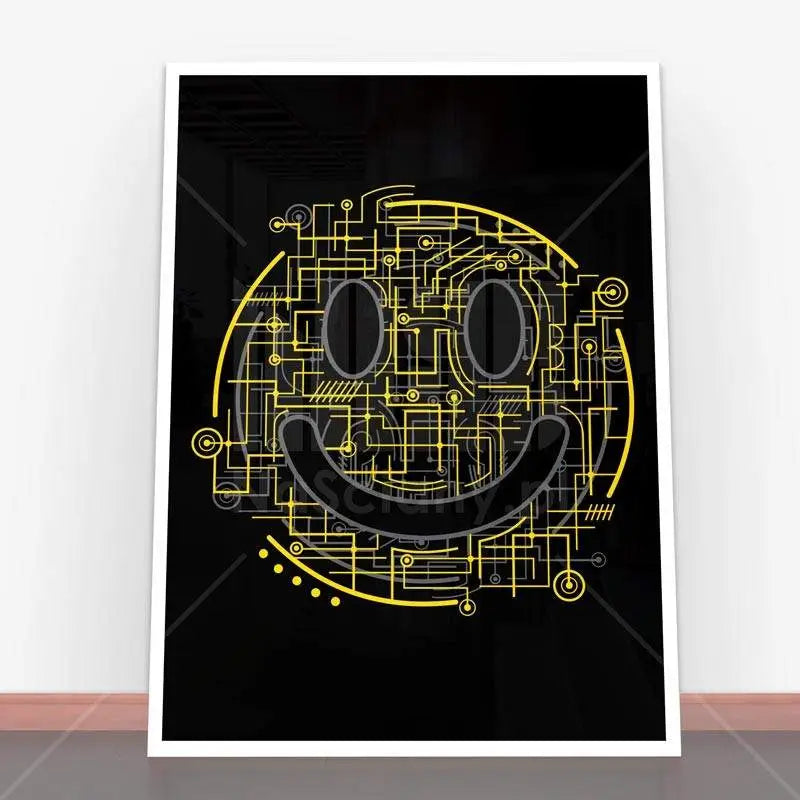 Plakat Electric Smiley z uśmiechem na tle obwodu elektrycznego w ramie plakatowej