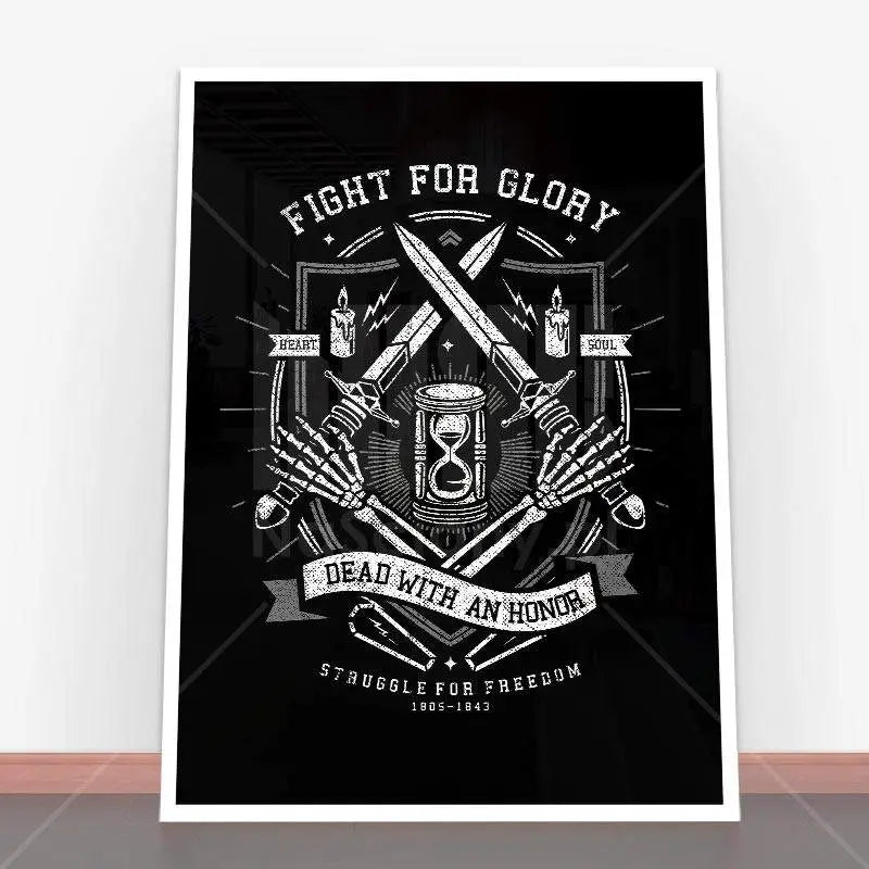 Plakat Fight For Glory w ramie z mieczami i klepsydrą, idealny do motywacji