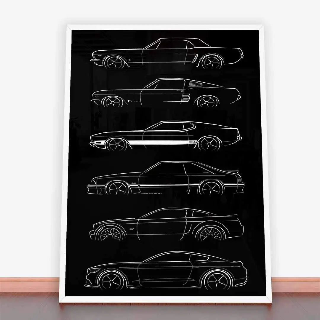 Framed poster illustrating Ford Mustang ewolucja in stylish automotive design