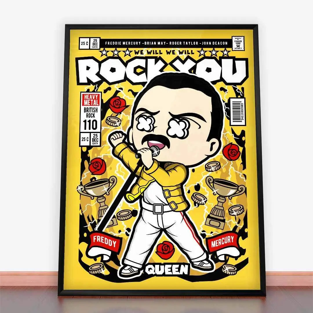 Framed Plakat Freddy Mercury We Will We Will comic book art featuring Freddie Mercury