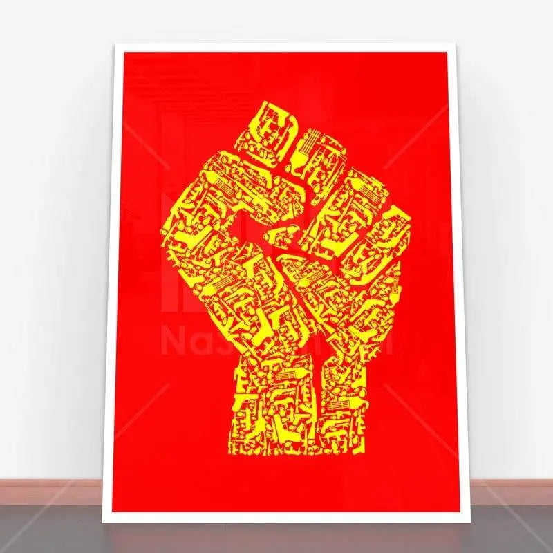 Plakat Hand Of Revolution z czerwonym i żółtym fistem do ramy plakatowej