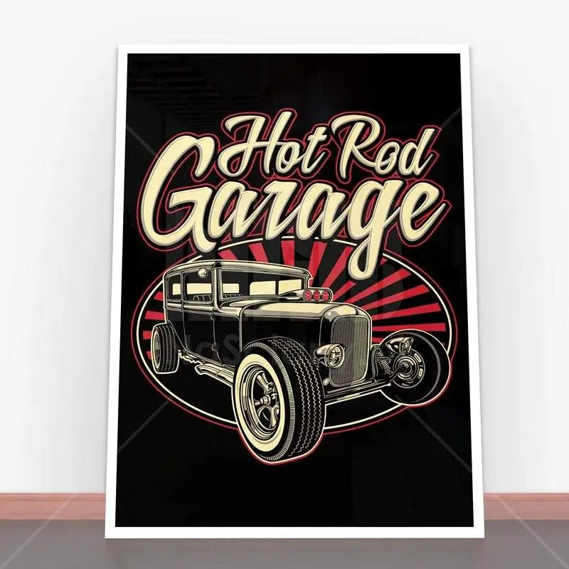 Plakat Hot Rod Garage z retro muralem idealnym do motoryzacyjnego wnętrza