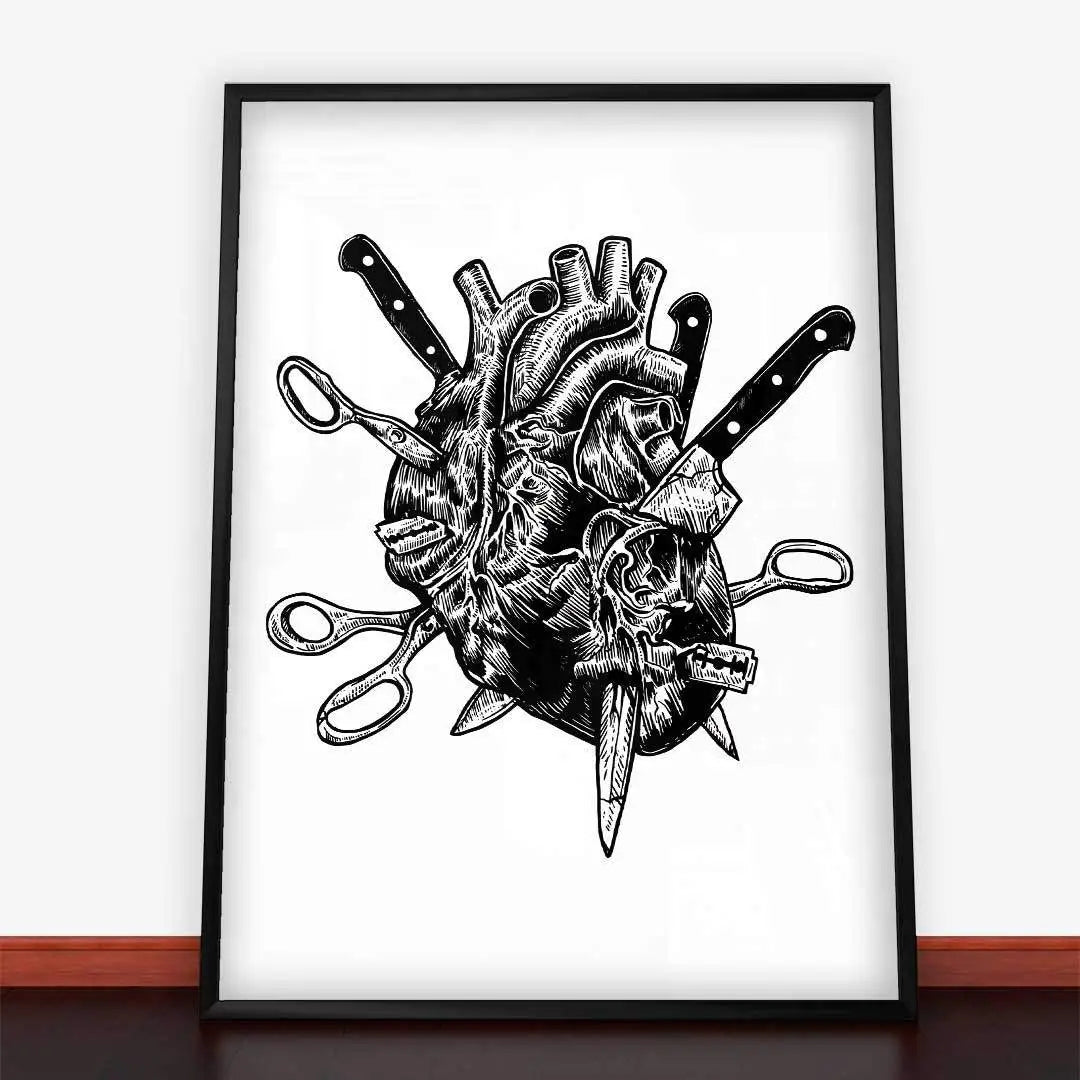 Framed anatomical heart art with knives and scissors, ideal for Plakat Hurt