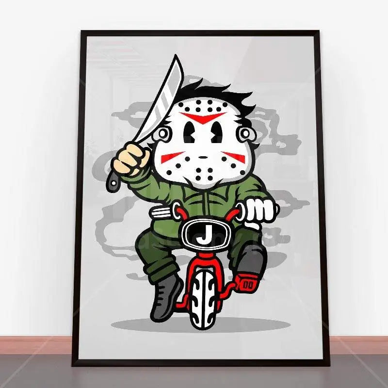 Framed cartoon Jason Voorhees print in Plakat Jason Minibike, ideal for plakaty młodzieżowe