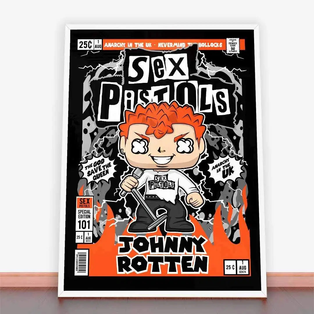 Framed komiksowy plakat Johnny Rotten Sex Pistols jako unikalna dekoracja wnętrz