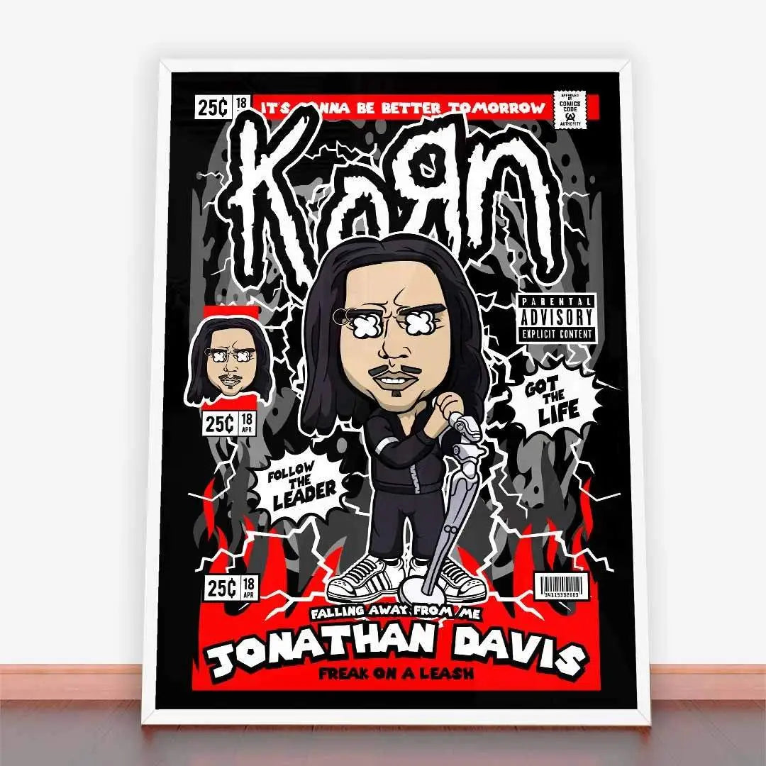 Plakat Jonathan Davis Korn z grafiką komiksową zespołu Korn i wokalisty Jonathana Davisa