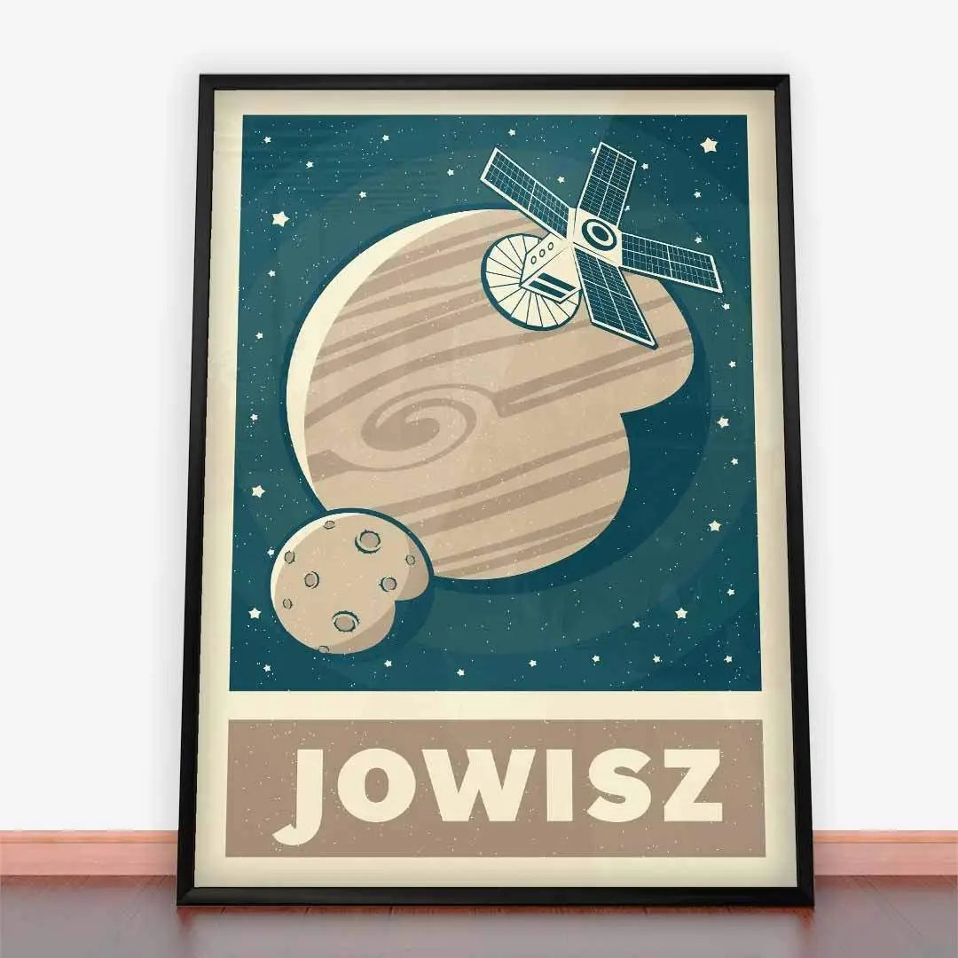 Framed space-themed Plakat Jowisz w stylu retro z elegancką ramą plakatową