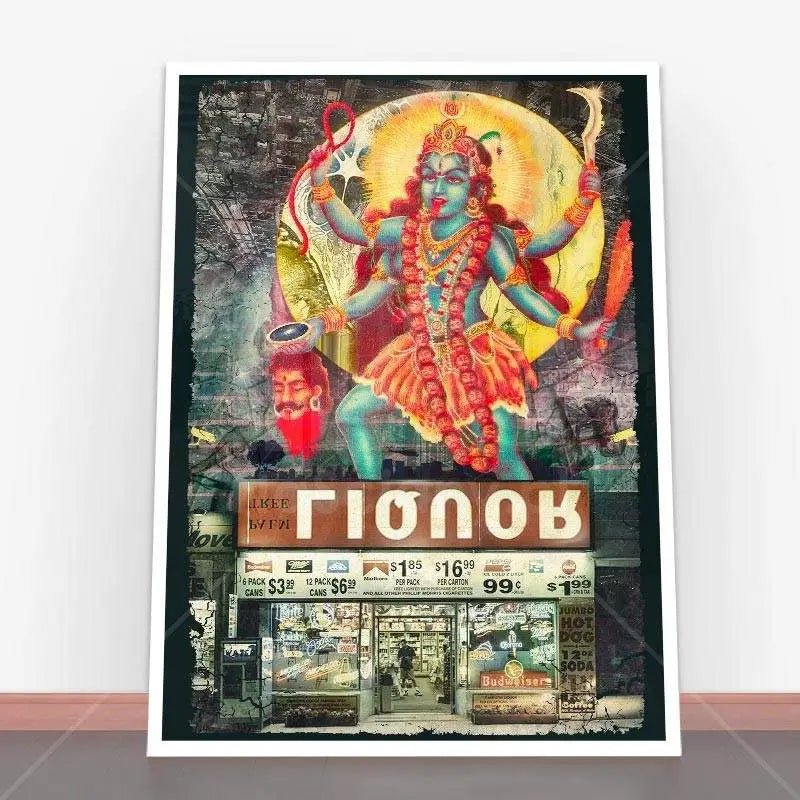 Framed print of a convenience store with a Hindu deity overlay, Plakat Kali artwork