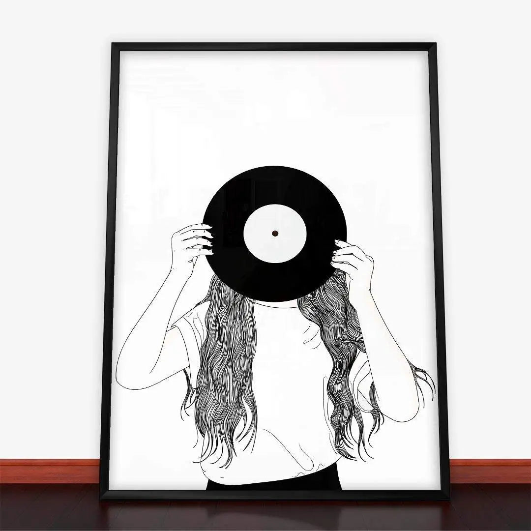 Framed drawing of a woman with vinyl record, stylowy plakat kobieta z winylem