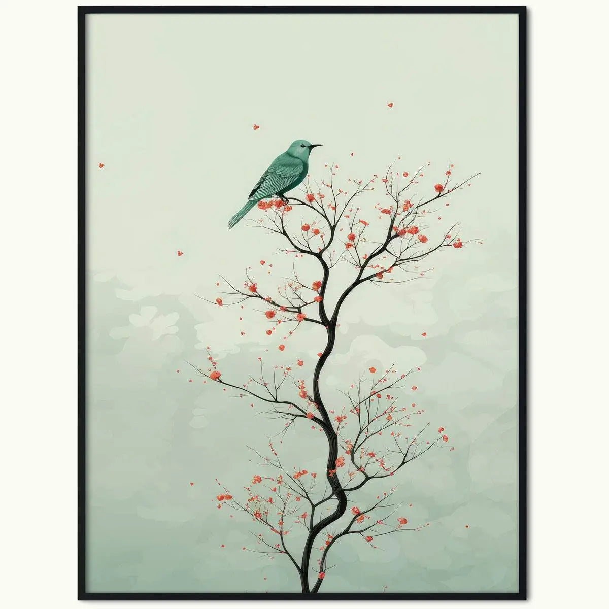 Framed art of a hummingbird on a blossom tree, ideal for Plakat Koliber decor