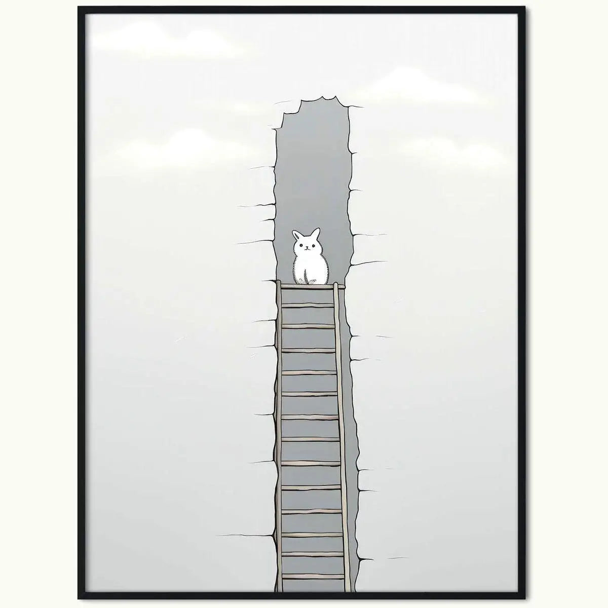 Framed cartoon of a cat on a ladder in Plakat Królik na Drabinie design