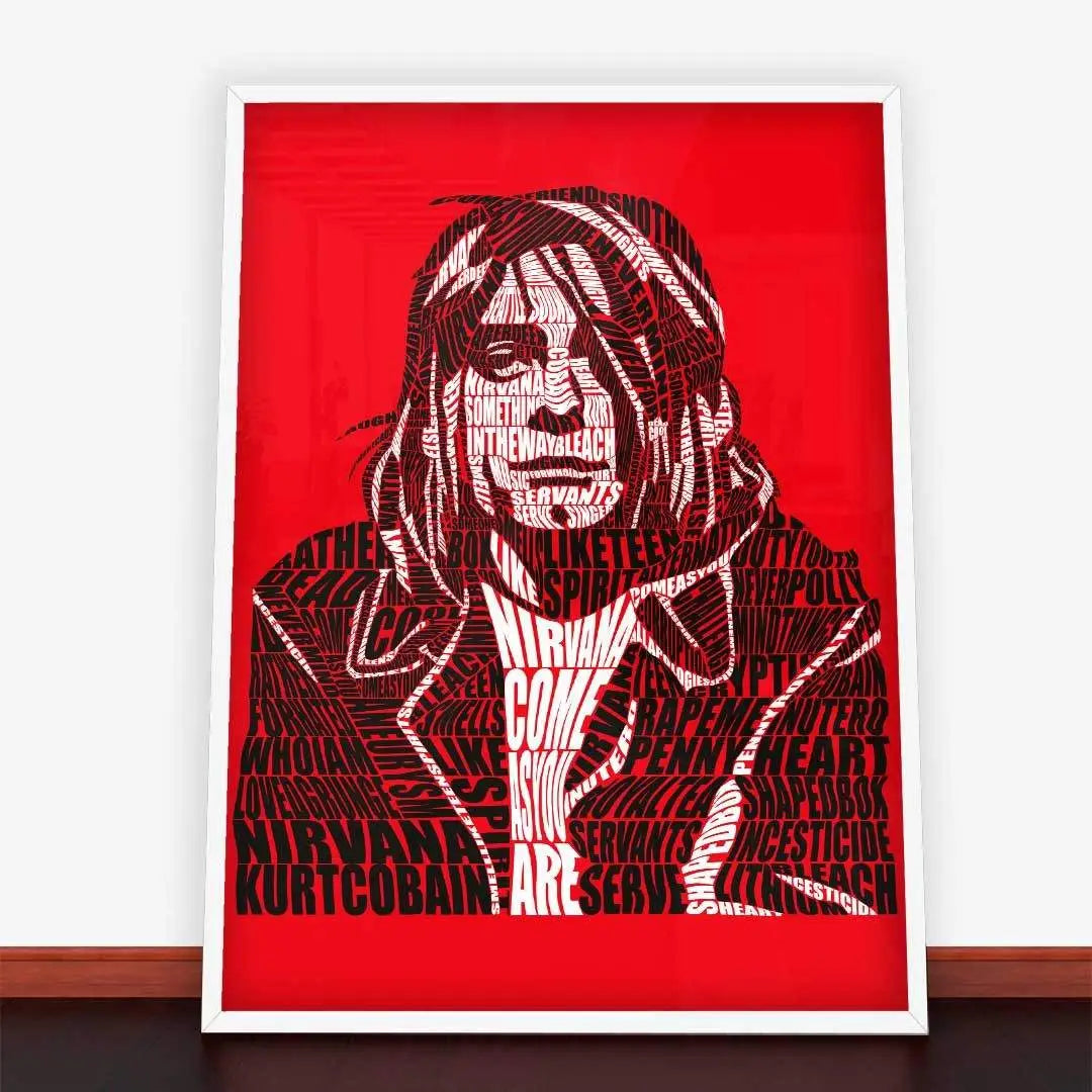 Framowany plakat Kurt Cobain z tekstem Smells Like Teen Spirit w stylu grunge