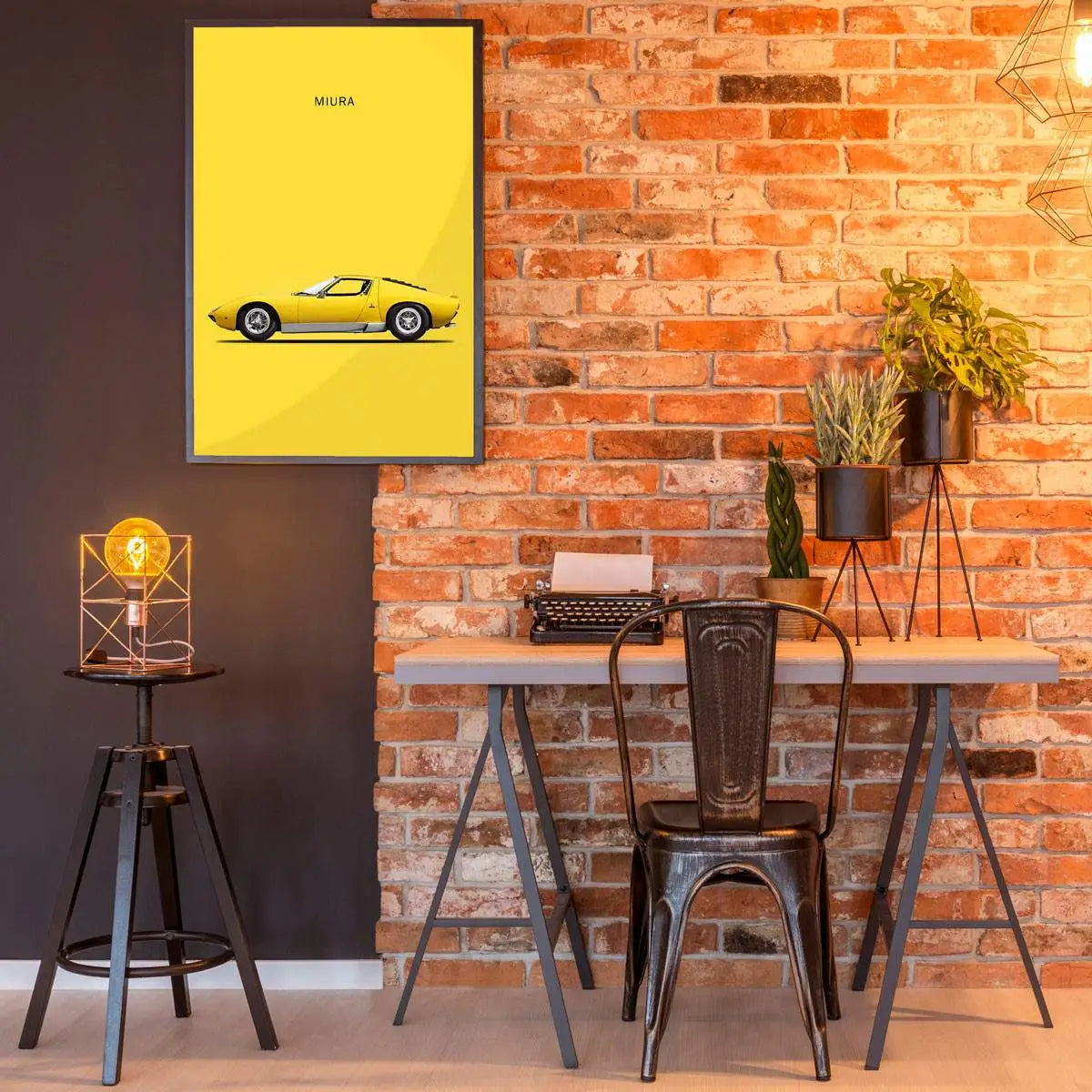 Framed Plakat Lamborghini Miura poster featuring a vibrant yellow car design