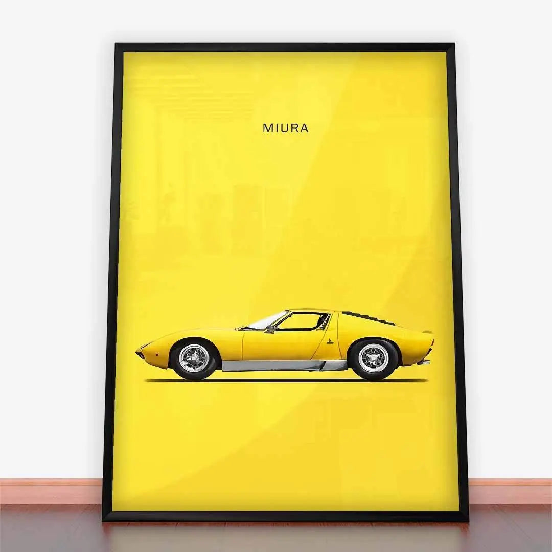 Framed Plakat Lamborghini Miura poster featuring the iconic yellow sports car