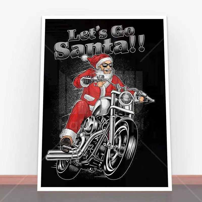 Santa na motocyklu w plakat Let’s Go Santa, idealny na Boże Narodzenie z ramą plakatową