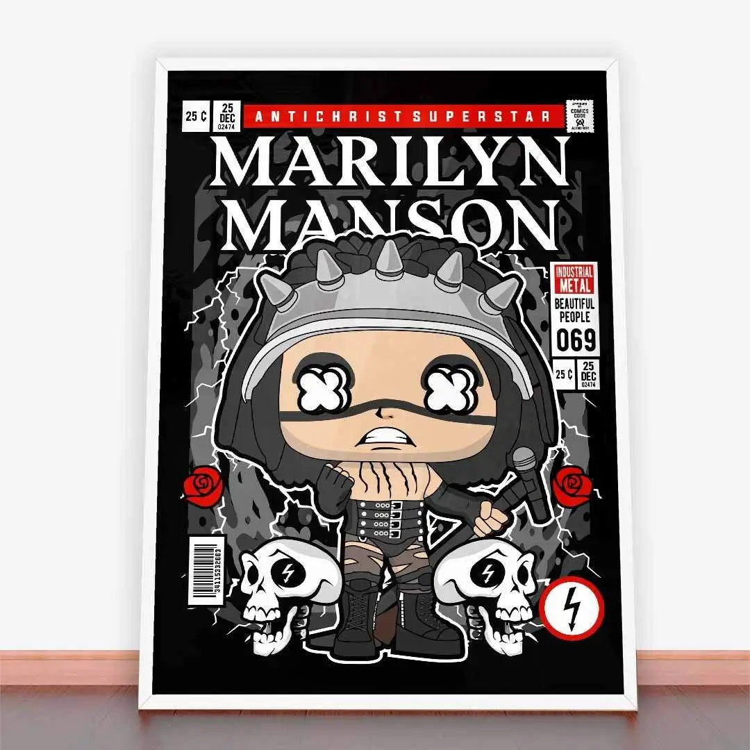 Plakat Marilyn Manson z mocnym przekazem, sztuka komiksowa Marilyn Mansona