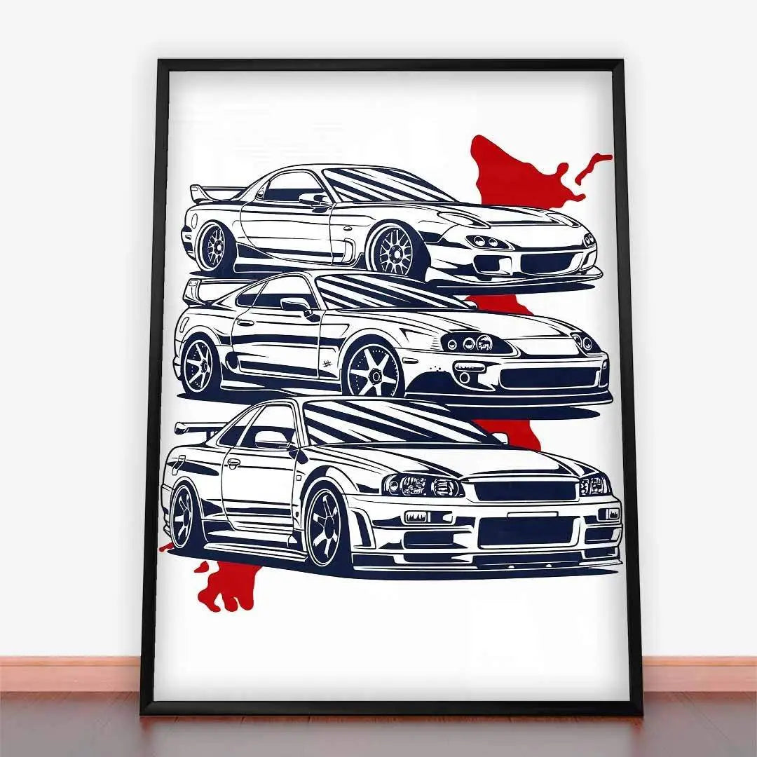 Plakat Mazda RX7, Nissan Skyline GTR, Toyota Supra.