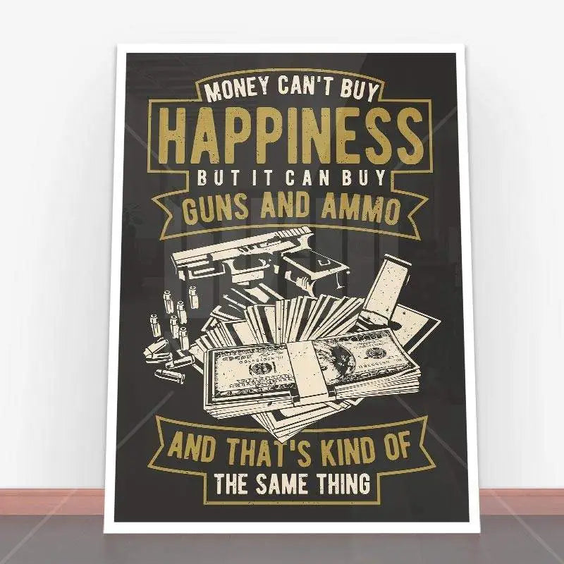 Plakat Money Can’t Buy Happiness z grafiką broni i pieniędzy w ramie plakatowej