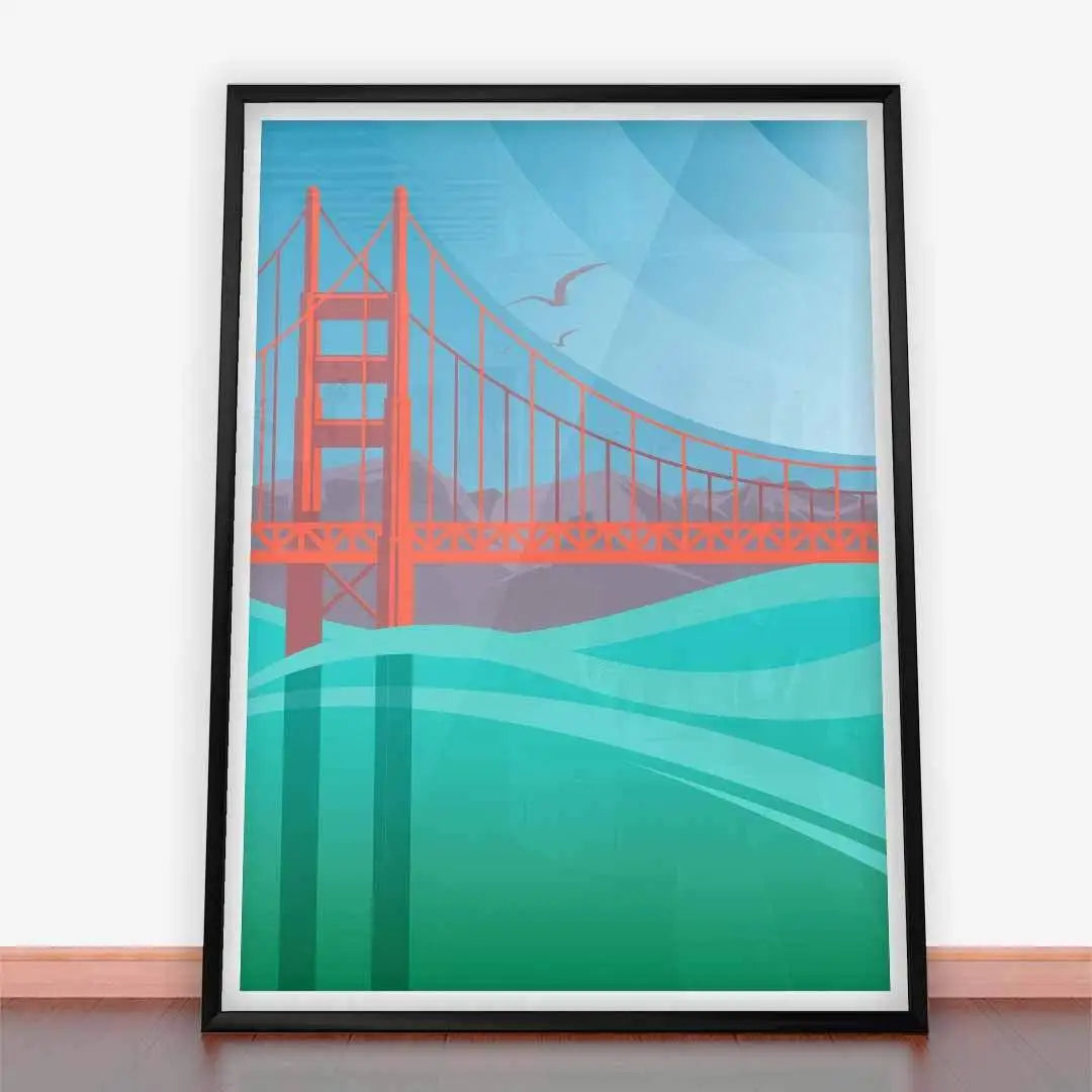 Framed Golden Gate Bridge art in Art Deco style, ideal for plakat most golden gate decor