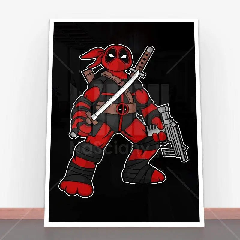 Plakat Ninja Deadpool w stylu kreskówkowym z dynamiczną akcją i kolorem