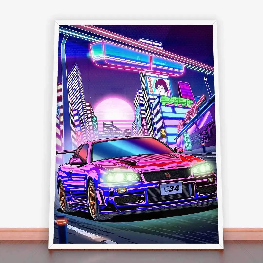 Plakat Nissan Skyline GT-R R34, Vaporwave.