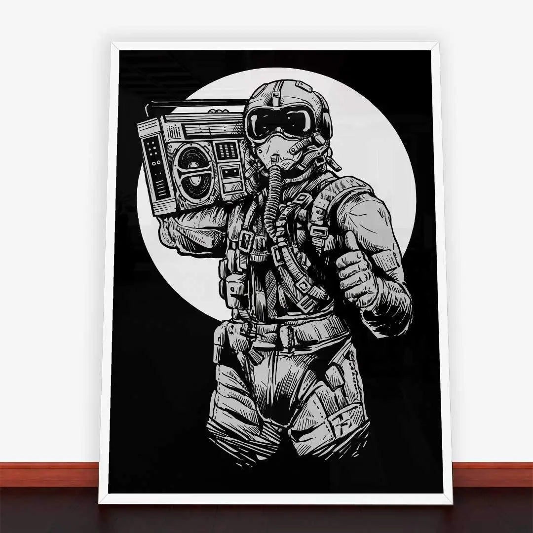 Framed monochrome illustration of Plakat Pilot Fighter Boombox for plakaty młodzieżowe