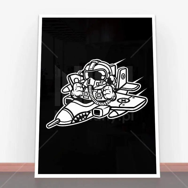 Framed cartoon astronaut in a jet, ideal for Plakat Pilot czarno-białe plakaty