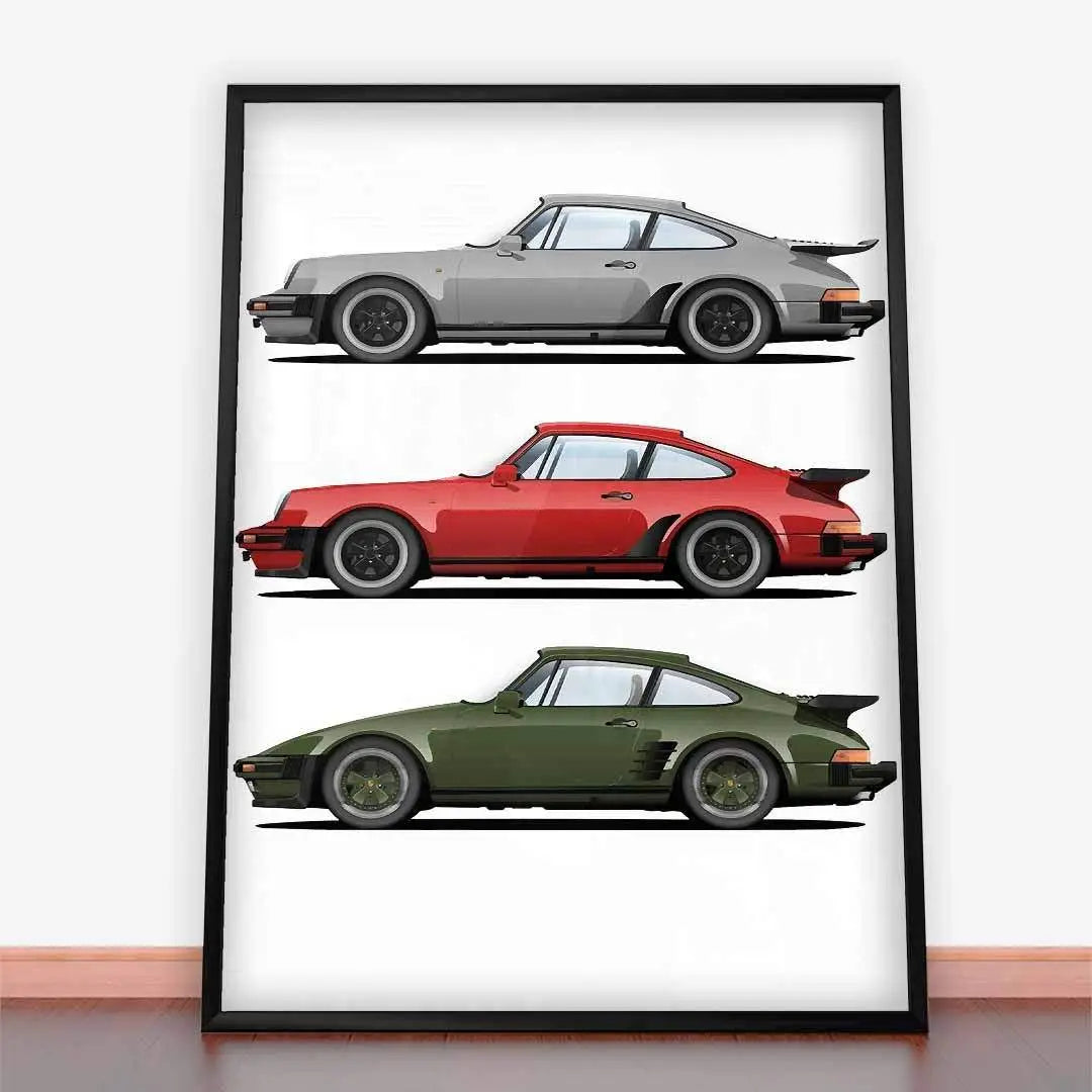 Framed Porsche car art featuring Plakat Porsche 991 Turbo, ideal for plakaty motoryzacyjne