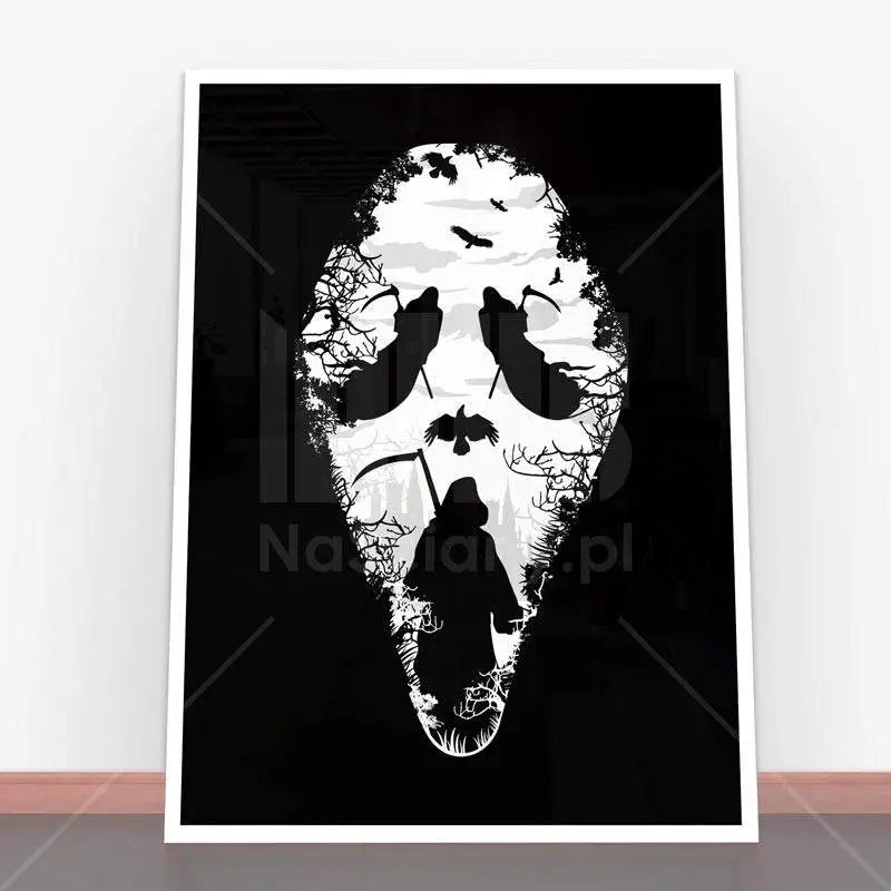 Framed black and white horror art of Plakat Reaper Scream for dark decor