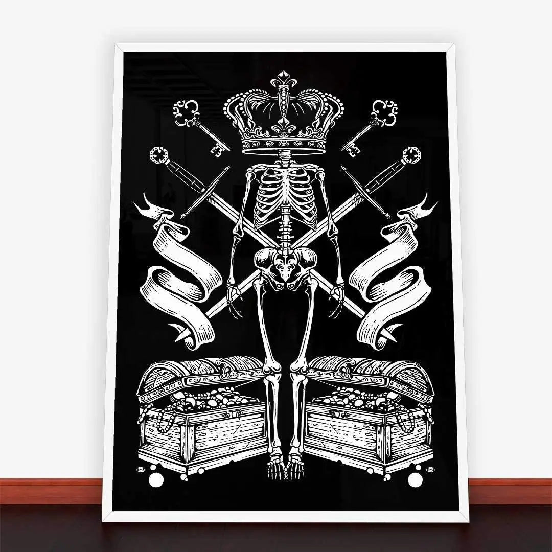 Ilustracja szkieletu w ramie i skarbu w Plakacie Skeleton King