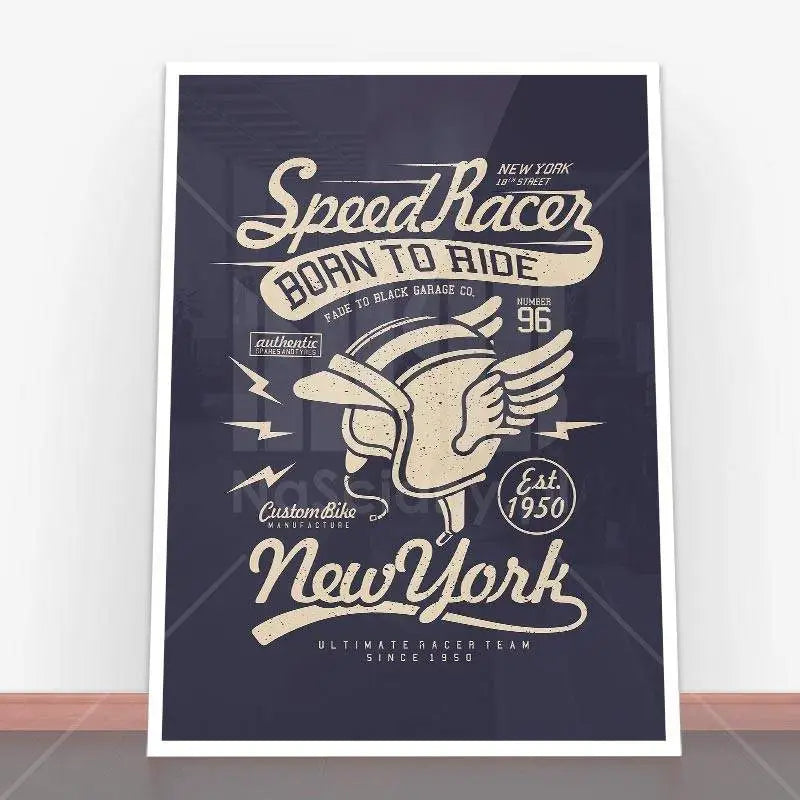 Framed vintage-style Plakat Speed Racer poster featuring a classic motorcycle design