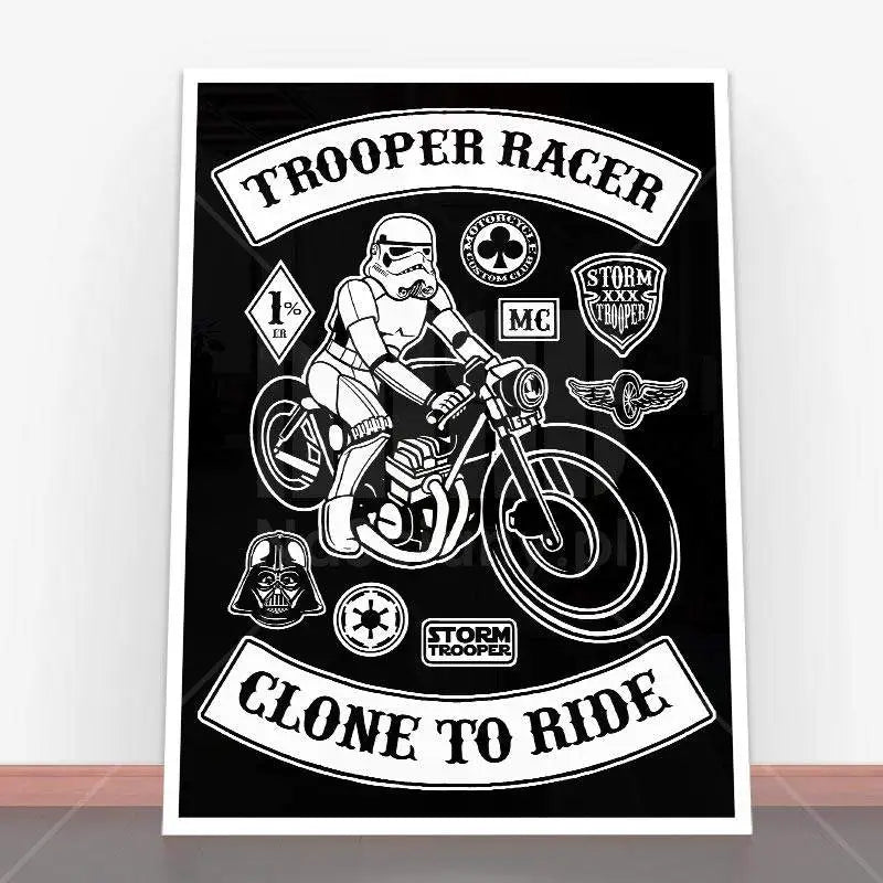 Plakat Stormtrooper Caferacer z plakatem motocyklisty w stylu Star Wars