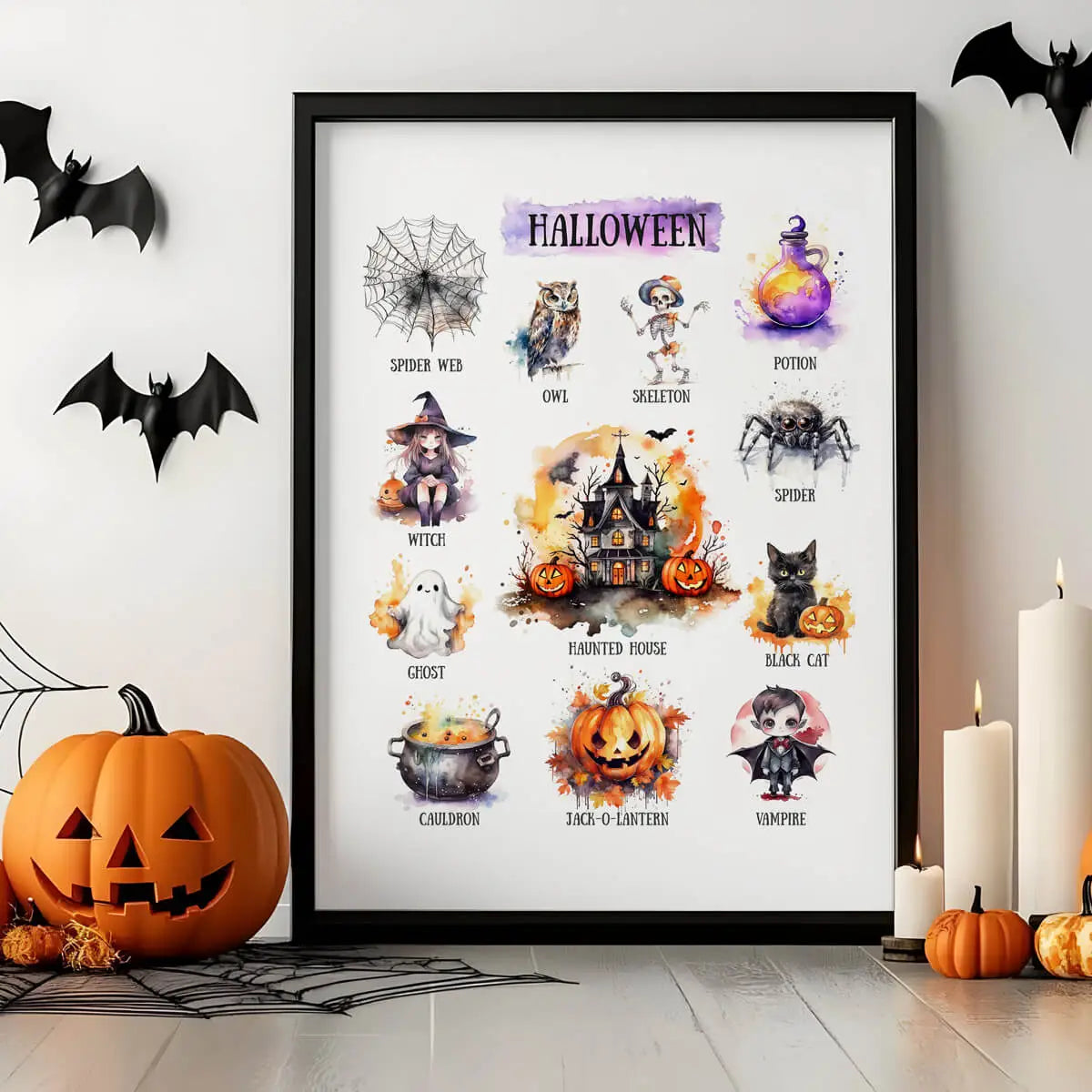 Plakat Symbole Halloween - Duchy i Dynie po angielsku.