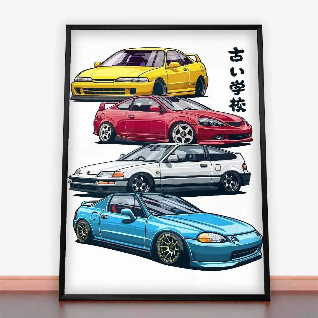 Framed plakat Toyota Mix z kultowymi modelami Civic, CRX, Integra w stylu motoryzacyjnym