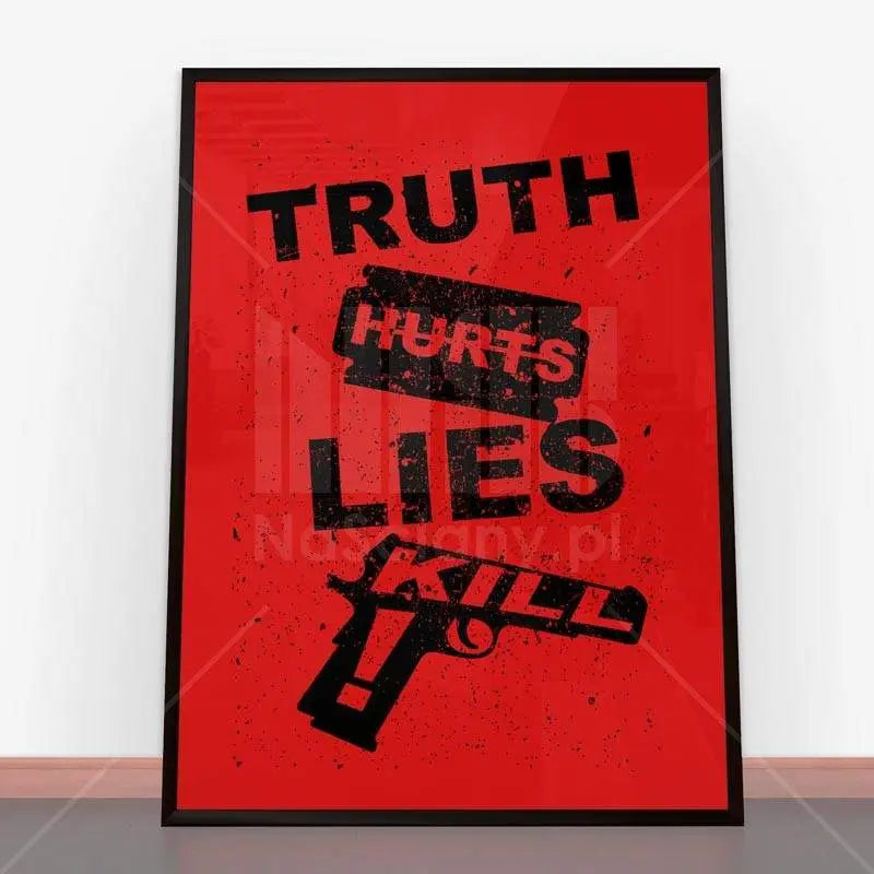 Framed red Plakat Truth Hurts featuring a razor blade and gun for bold decor