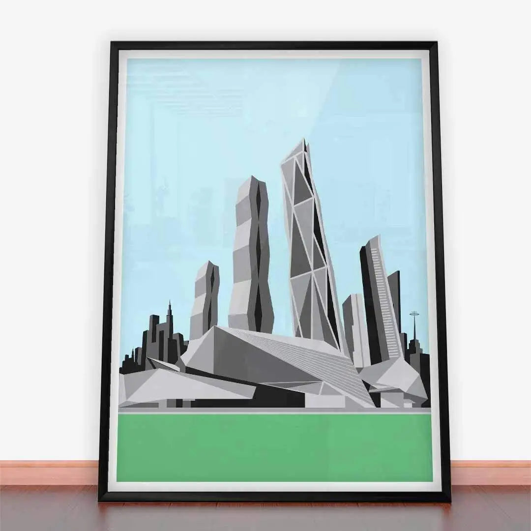 Framed architectural illustration of Plakat Wieżowce na zielono-niebieskim tle w stylu Retro