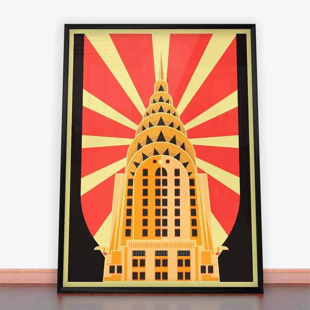 Framed art deco building print, ideal for miłośników plakatów vintage i ramy plakatowej