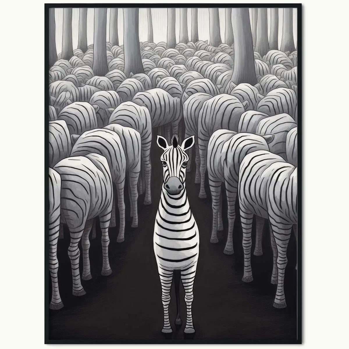 Monochromatyczna zebra z jedną zwróconą zebra w plakacie zebry, czarno-biała kolorystyka